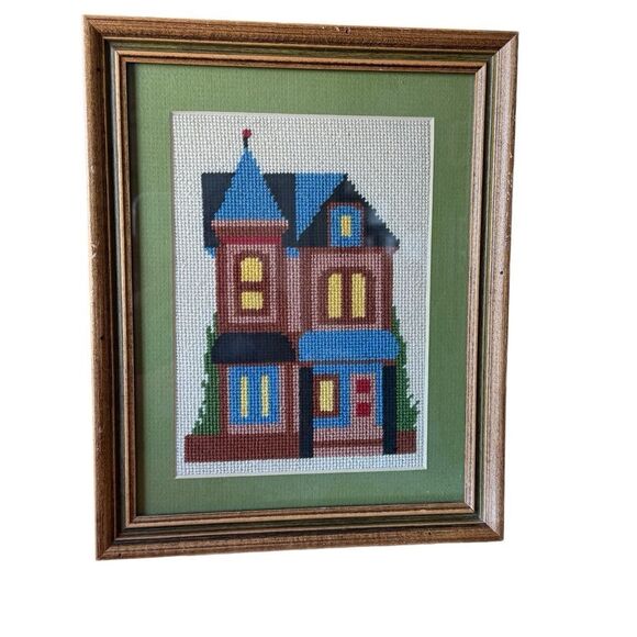 Other - Vintage 70’s Framed Needlepoint House Art With Green Mat inside Brown Wood Frame